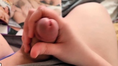 Tattood shemale tranny plays with ass during masturbation