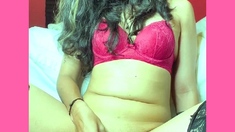 Tattood shemale tranny plays with ass during masturbation