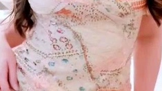 Busty curly brunette with big boobs fucks on couch