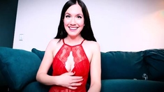 Amateur Busty Brunette Masturbates And Does Hand Job