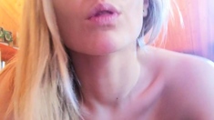Blonde Housewife with big boobs masturbates with huge dildo