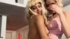 Two beautiful blonde sluts let three pussy-hungry guys fuck their brains out